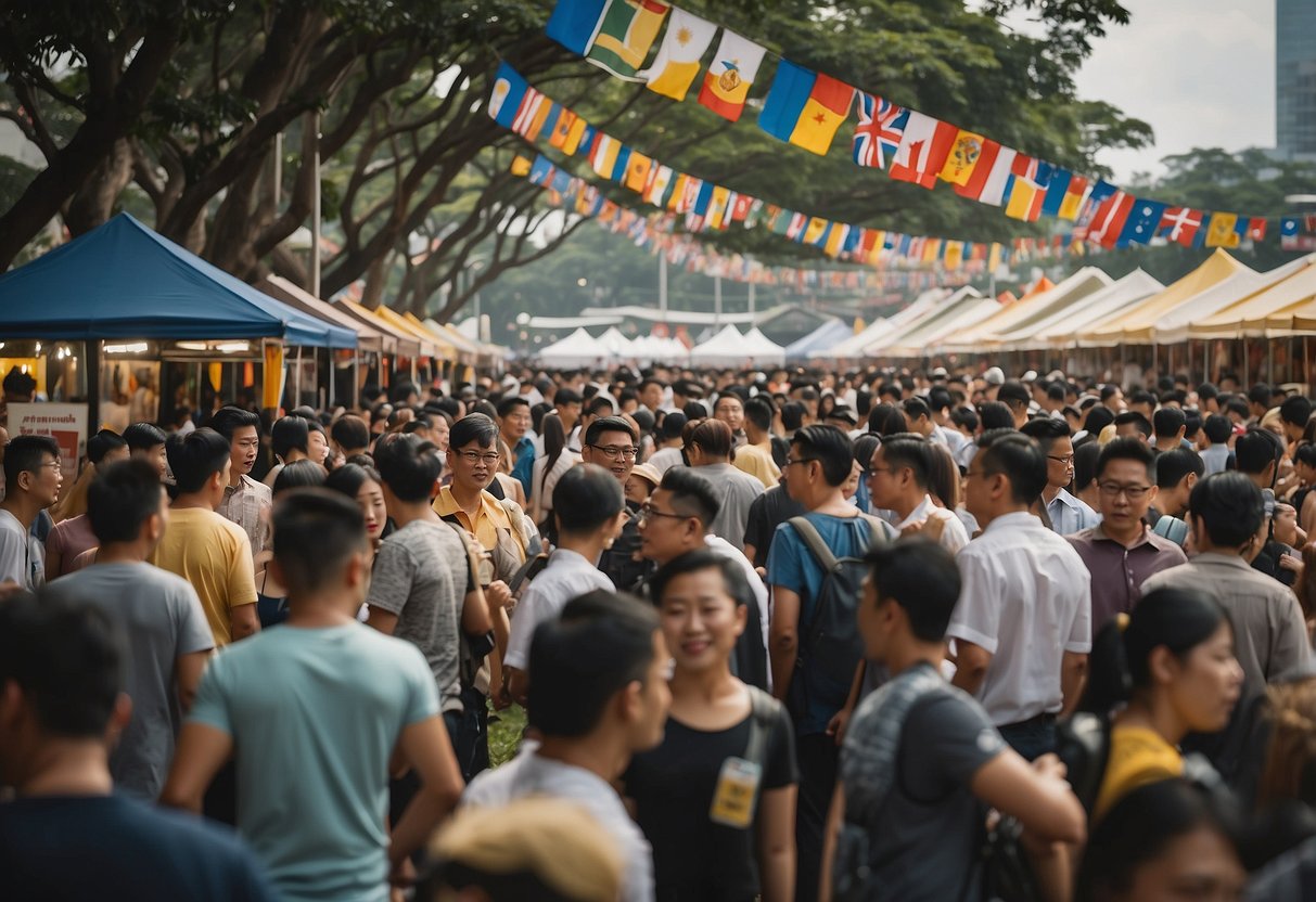 Crowds gather at Beerfest Asia in Singapore, browsing visitor information booths. Flags flutter in the breeze, and the scent of hops fills the air
