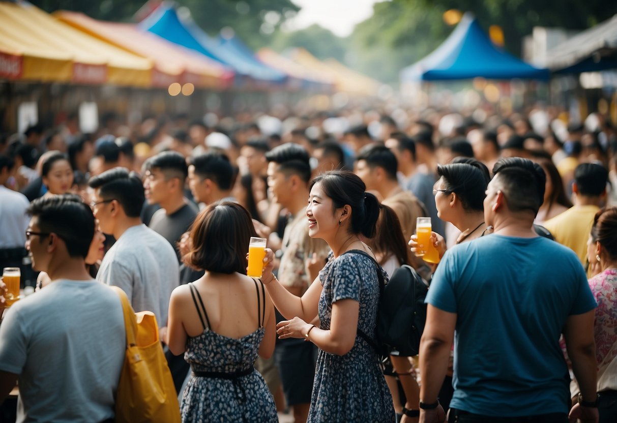 Beerfest Asia Singapore: Crowds gather around colorful beer booths, live music fills the air, and the scent of sizzling street food wafts through the bustling festival grounds