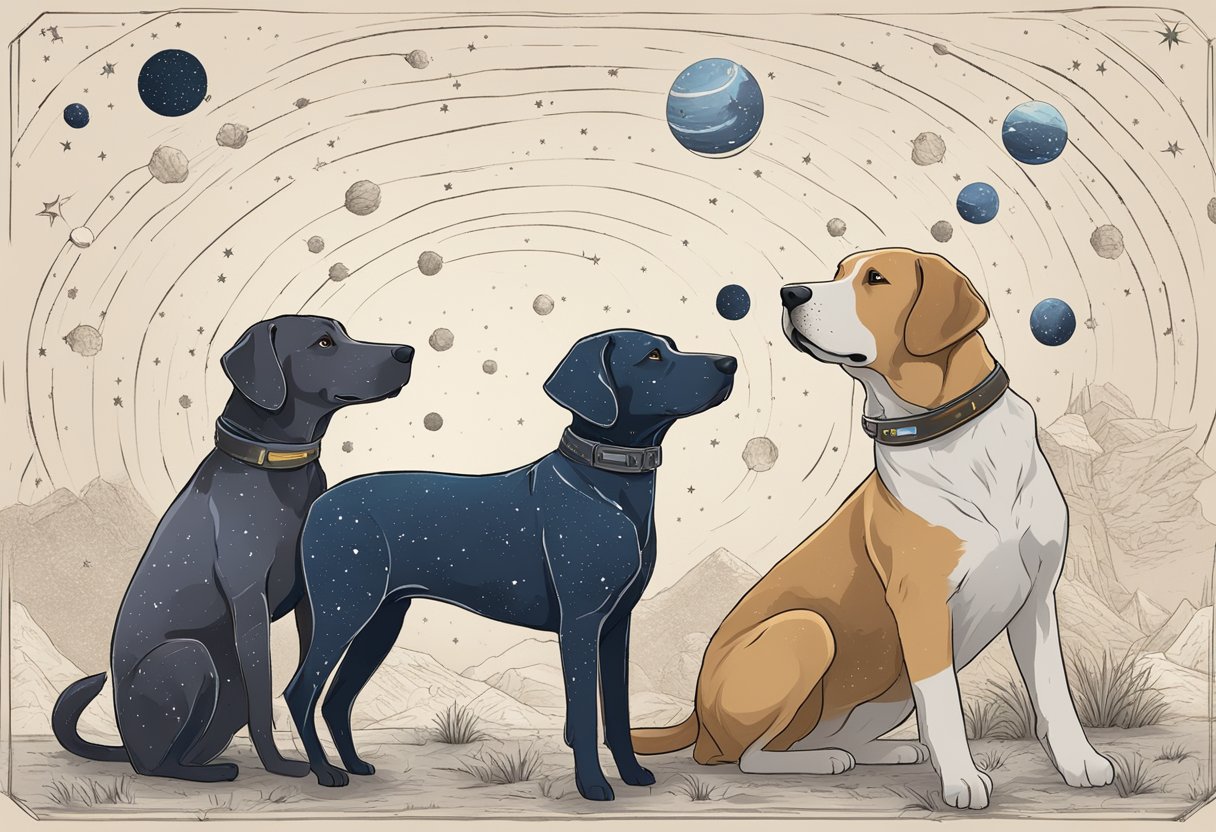 Dogs with space-themed names gather under a starry night sky, with constellations like Canis Major and Orion visible above