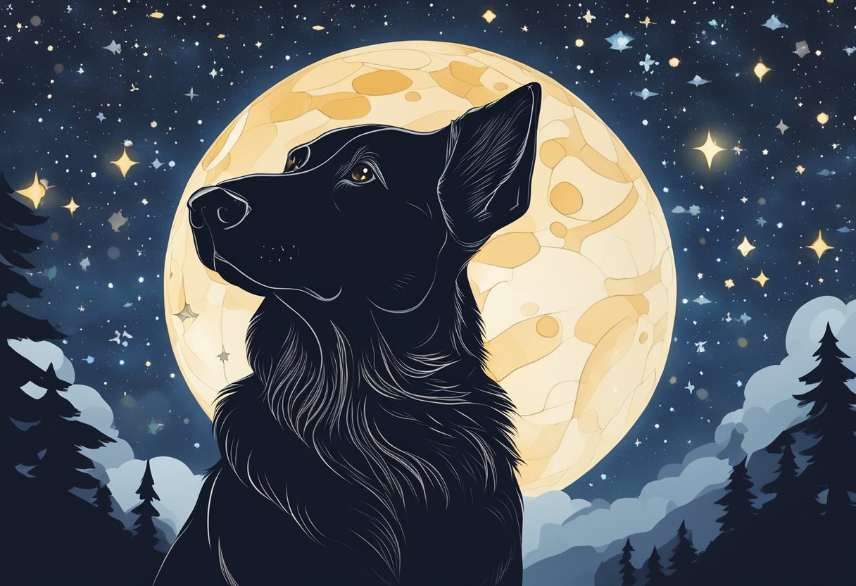 A dog sits beneath a starry night sky, surrounded by celestial constellations. The dog's gaze is fixed upwards, as if choosing its own celestial name