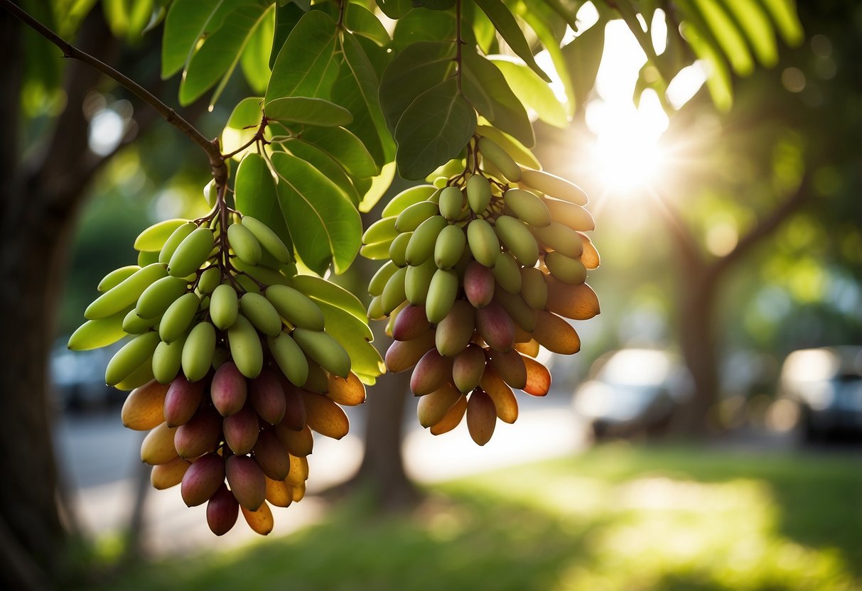 A cluster of bilimbi fruit hangs from a tree in Singapore, surrounded by lush green leaves and bathed in warm sunlight