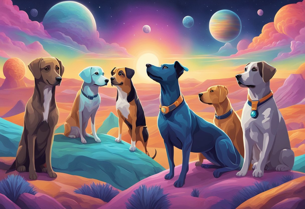 A group of dogs gather on a colorful, alien landscape. Each dog is named after a different planet, with unique features and expressions