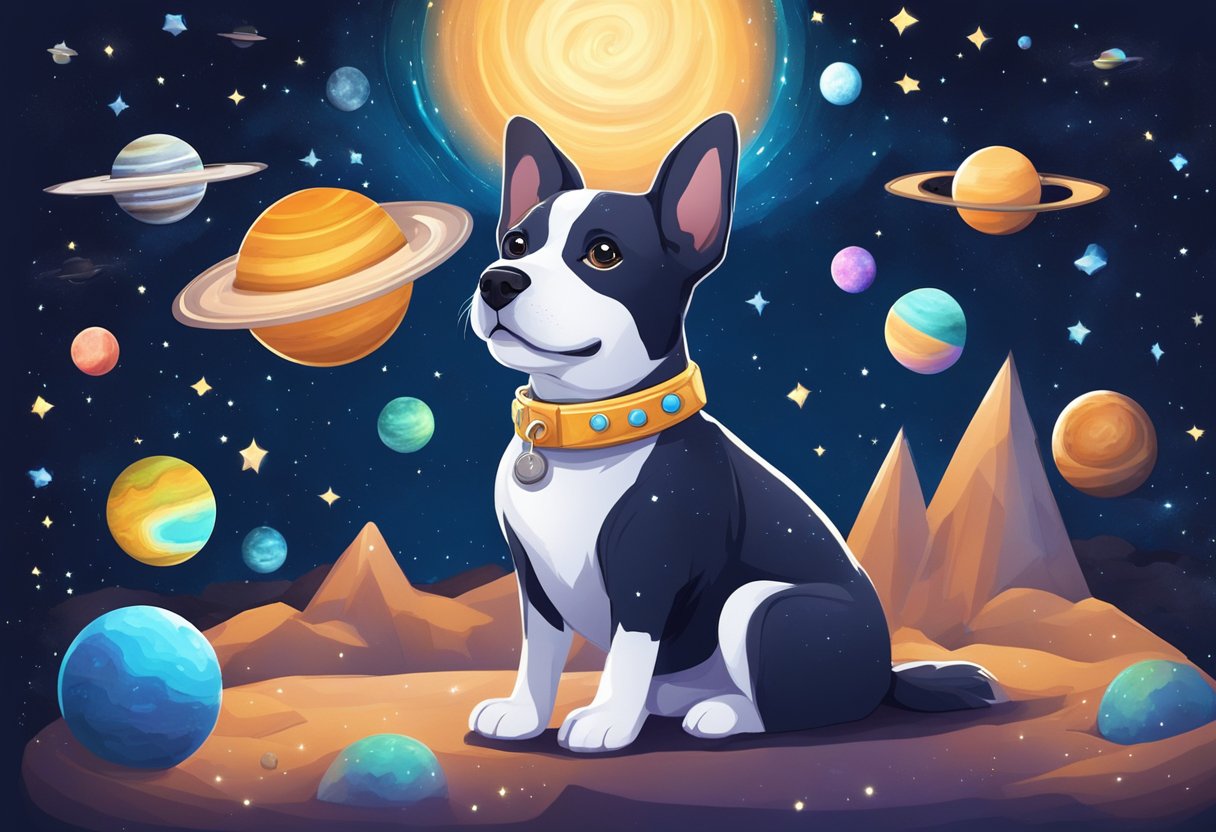 A dog with a cosmic collar sits under a starry sky, surrounded by planets and galaxies