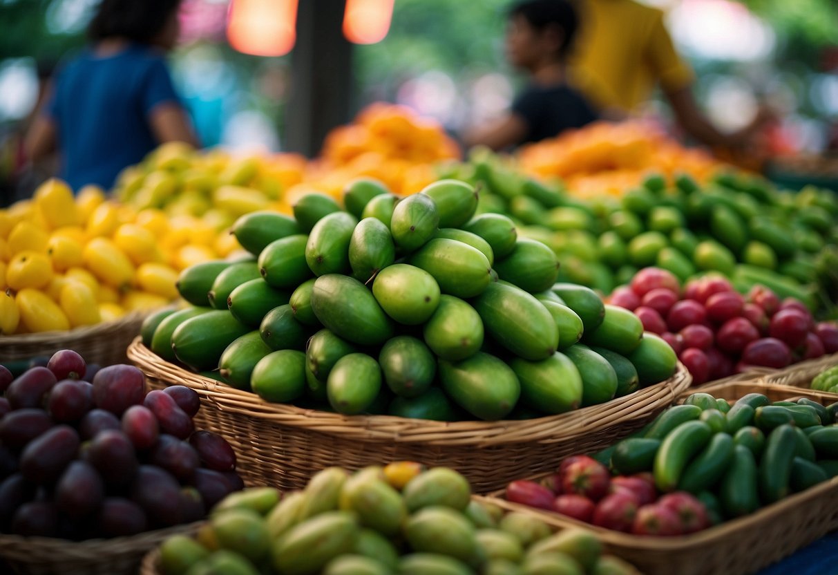 A vibrant market stall with fresh bilimbi fruit in Singapore