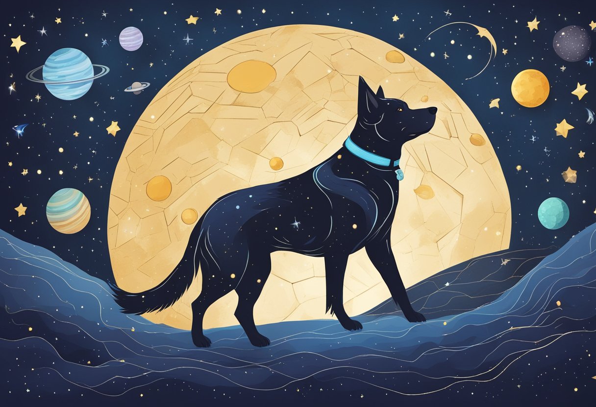 A dog howls under a starry night sky, with planets and constellations shining brightly above
