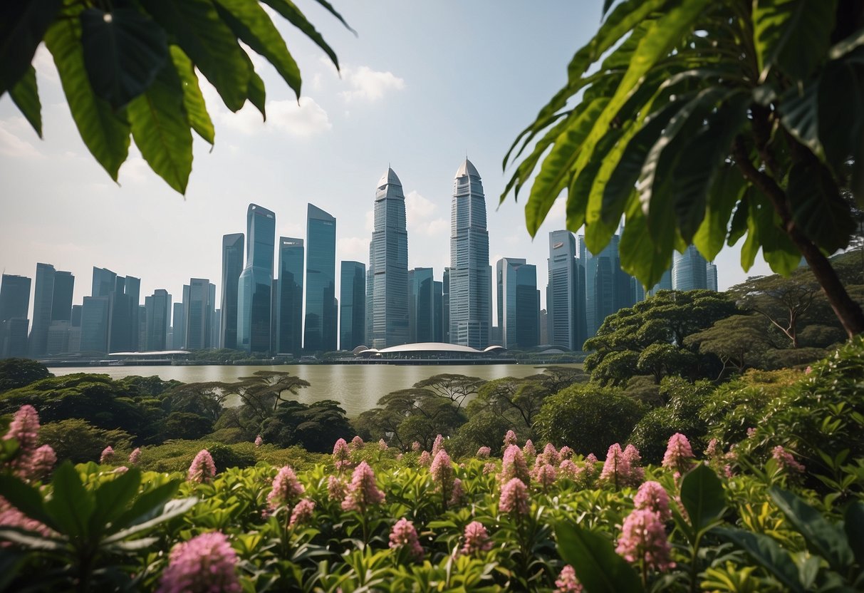 A lush garden filled with bilimbi trees, vibrant flowers, and the iconic Singapore skyline in the background