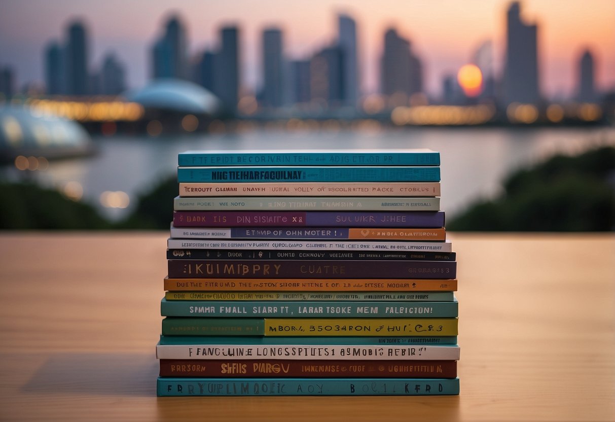 A stack of colorful "Frequently Asked Questions" pamphlets on a table, with a backdrop of iconic Singaporean landmarks