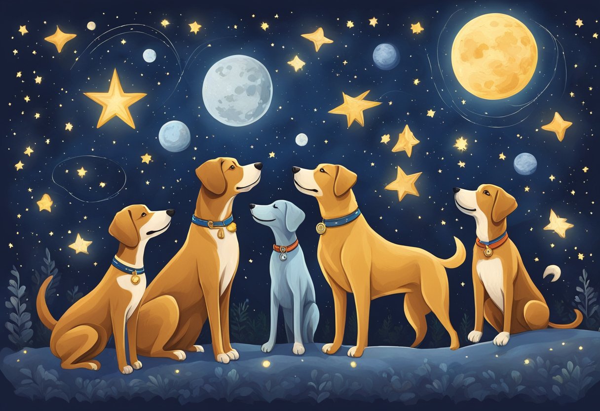 A pack of dogs frolic under a starry night sky, each named after a different planet or celestial body, embodying the mythological and astrological inspiration in their playful interactions