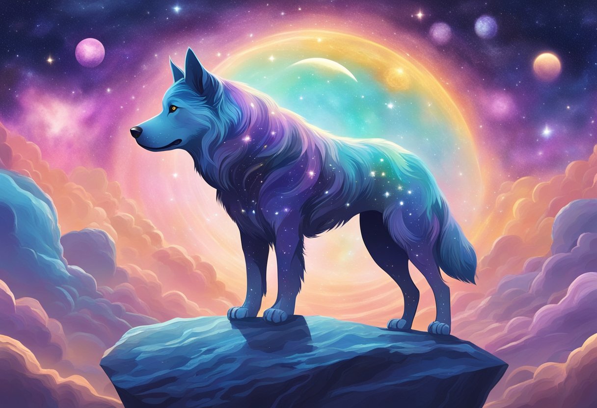 A celestial dog stands on a planet, surrounded by stars and galaxies, with a mysterious and otherworldly aura