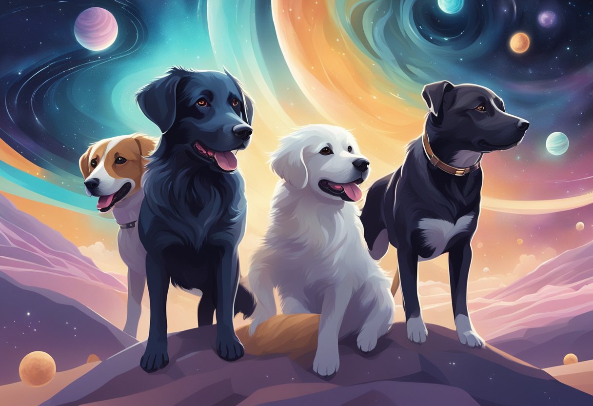 A group of dogs of various breeds playing in a futuristic, otherworldly landscape, with swirling galaxies and celestial bodies in the background