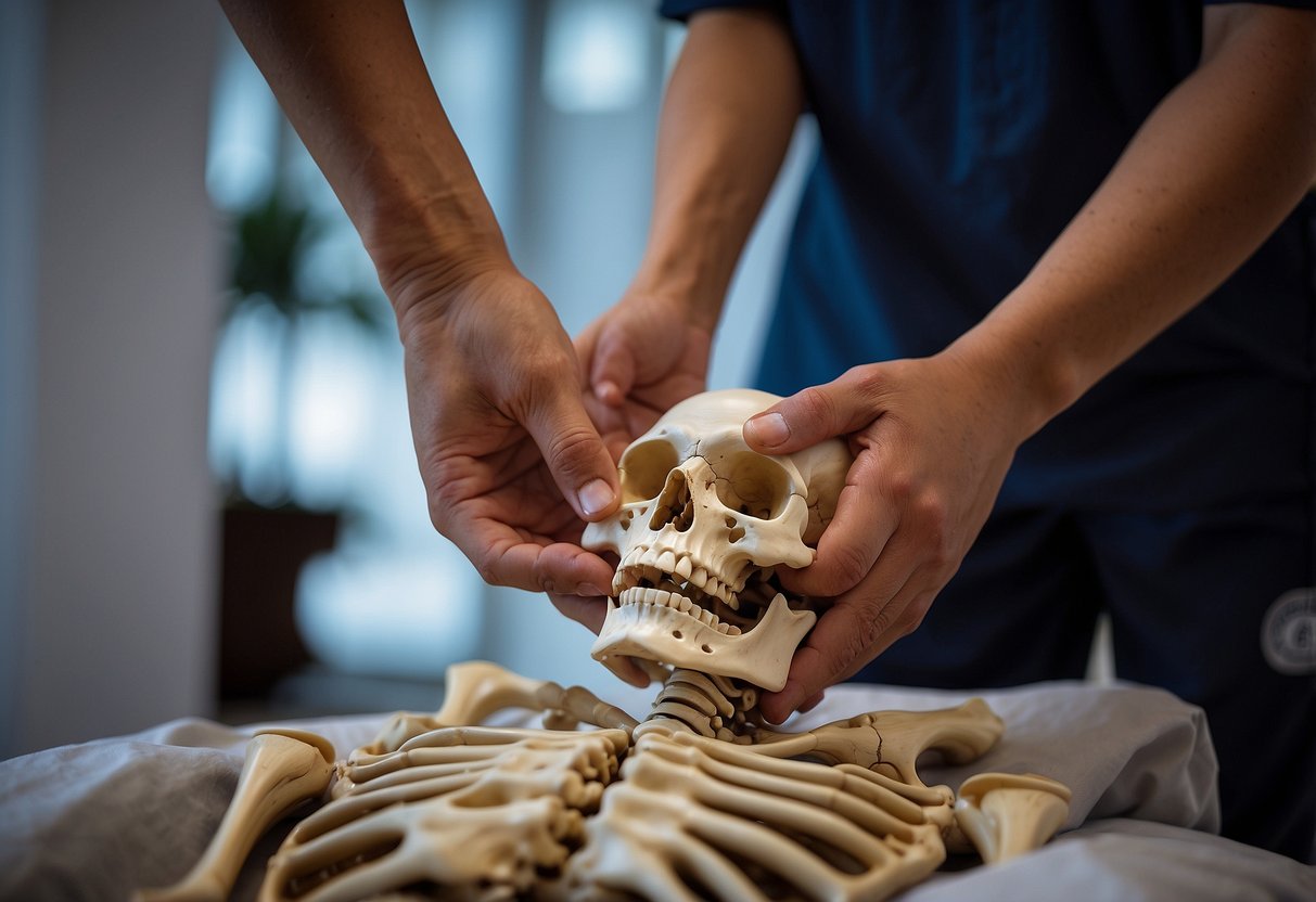 A traditional bone setting practitioner in Singapore demonstrates their techniques on a patient, using gentle yet firm movements to manipulate and align the bones