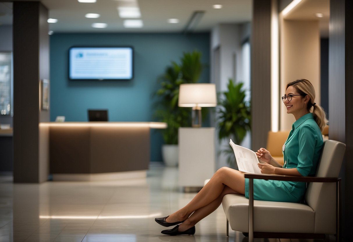 A patient sits in a modern waiting room, reading a brochure on bone setting in Singapore. The receptionist smiles from behind the front desk
