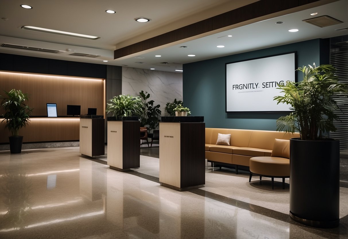 A waiting room with a reception desk, chairs, and a sign that reads "Frequently Asked Questions - Bone Setting Singapore."