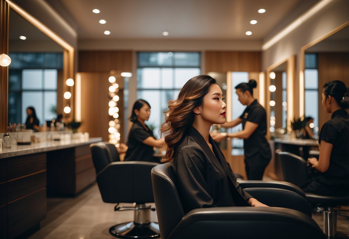 A woman sits in a salon chair as a stylist applies a hair treatment in a sleek, modern salon in Singapore