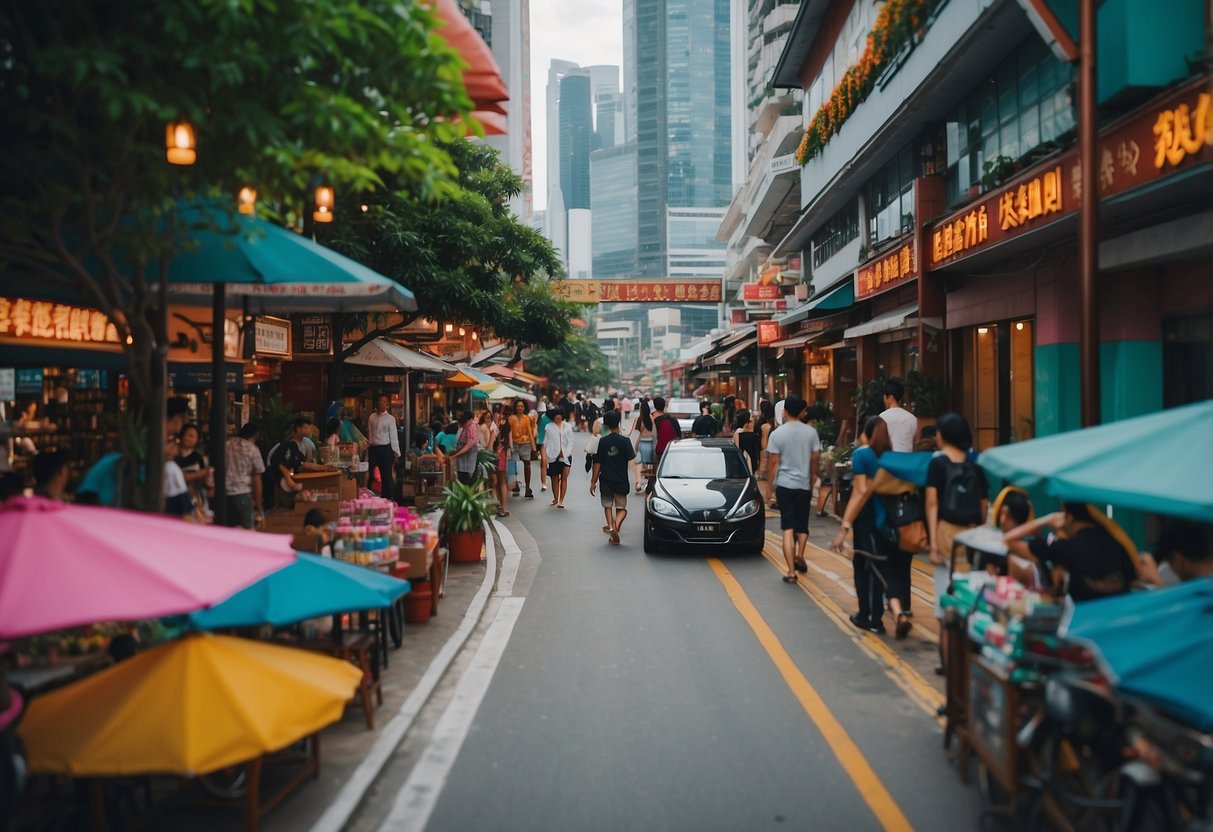 A bustling street in Singapore's Brix district, filled with colorful buildings, vibrant signs, and lively activity