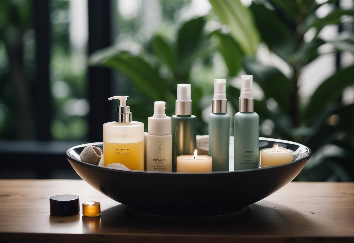 A serene spa setting with various hair treatment products and equipment displayed in a modern salon in Singapore