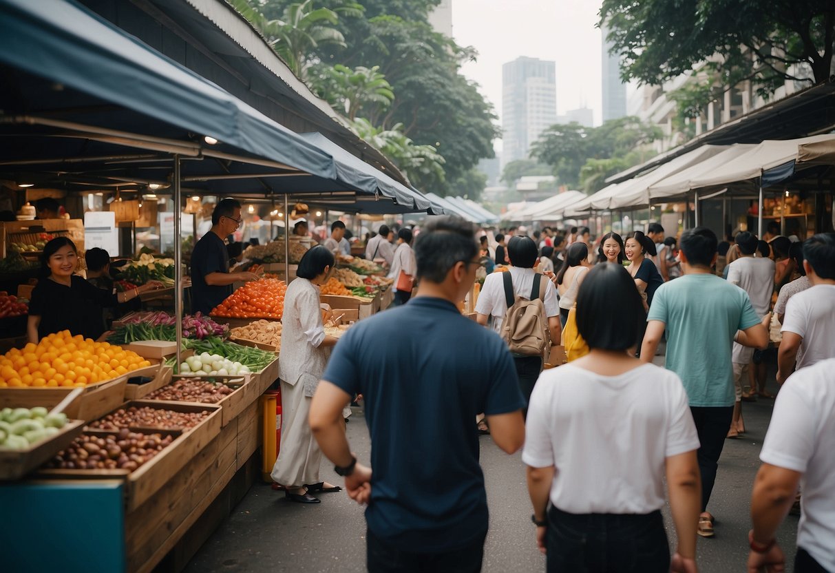 A bustling outdoor market with colorful stalls, aromatic food, and lively music at Brix Brix Singapore