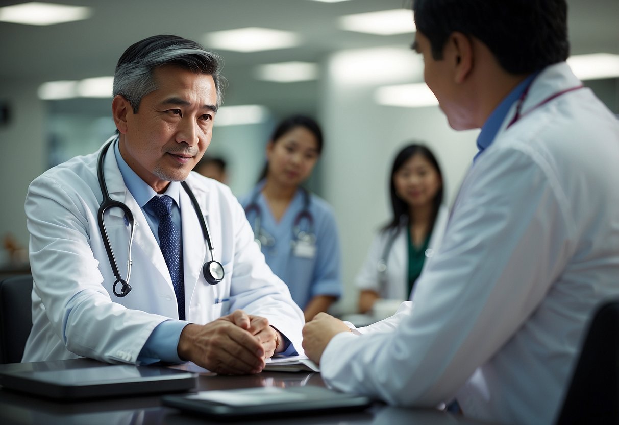 A doctor in a white coat is using a stethoscope to listen to a patient's heartbeat during a health check-up in Singapore