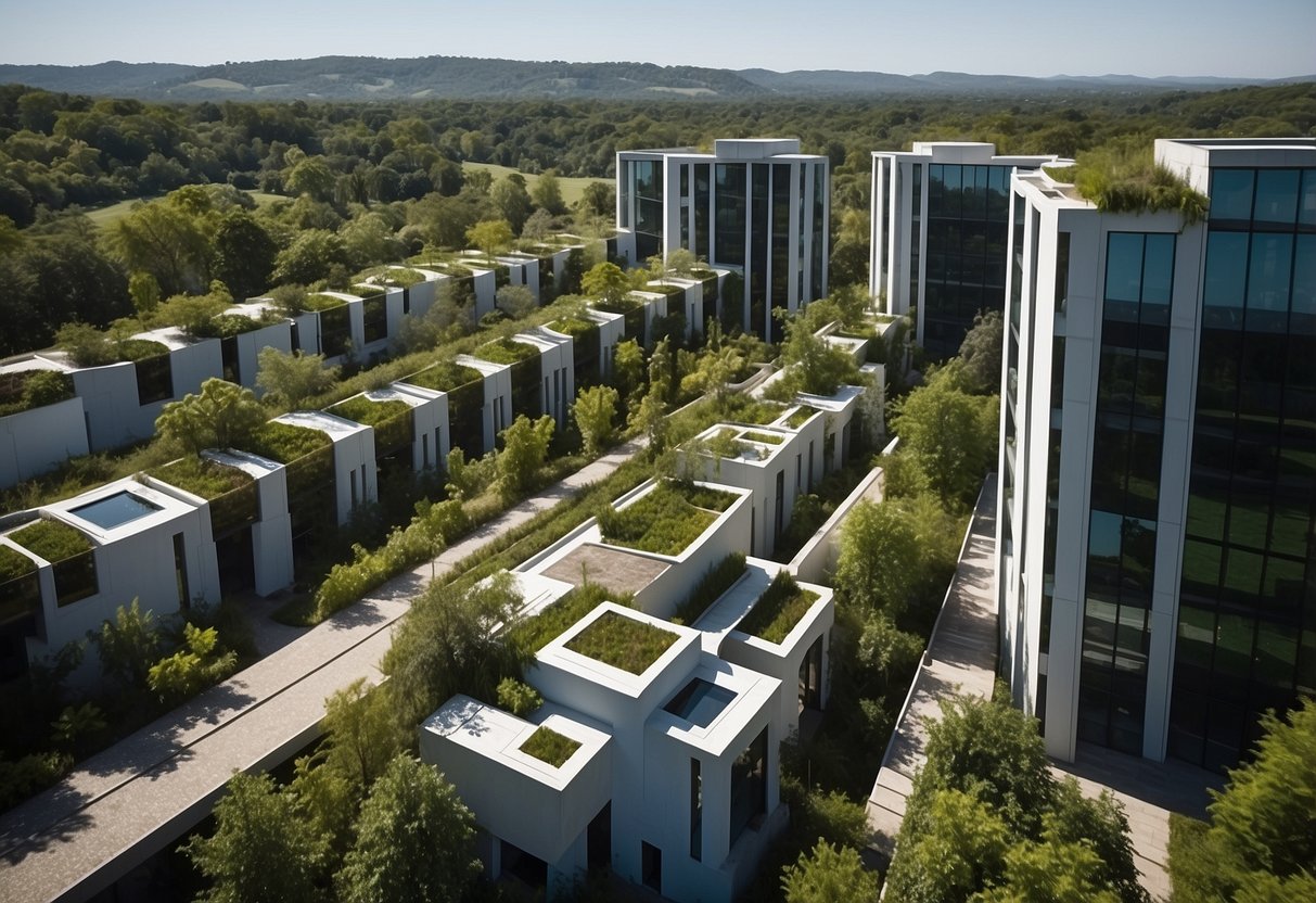 A row of modern buildings with unique architectural designs, set against a backdrop of lush greenery and clear blue skies