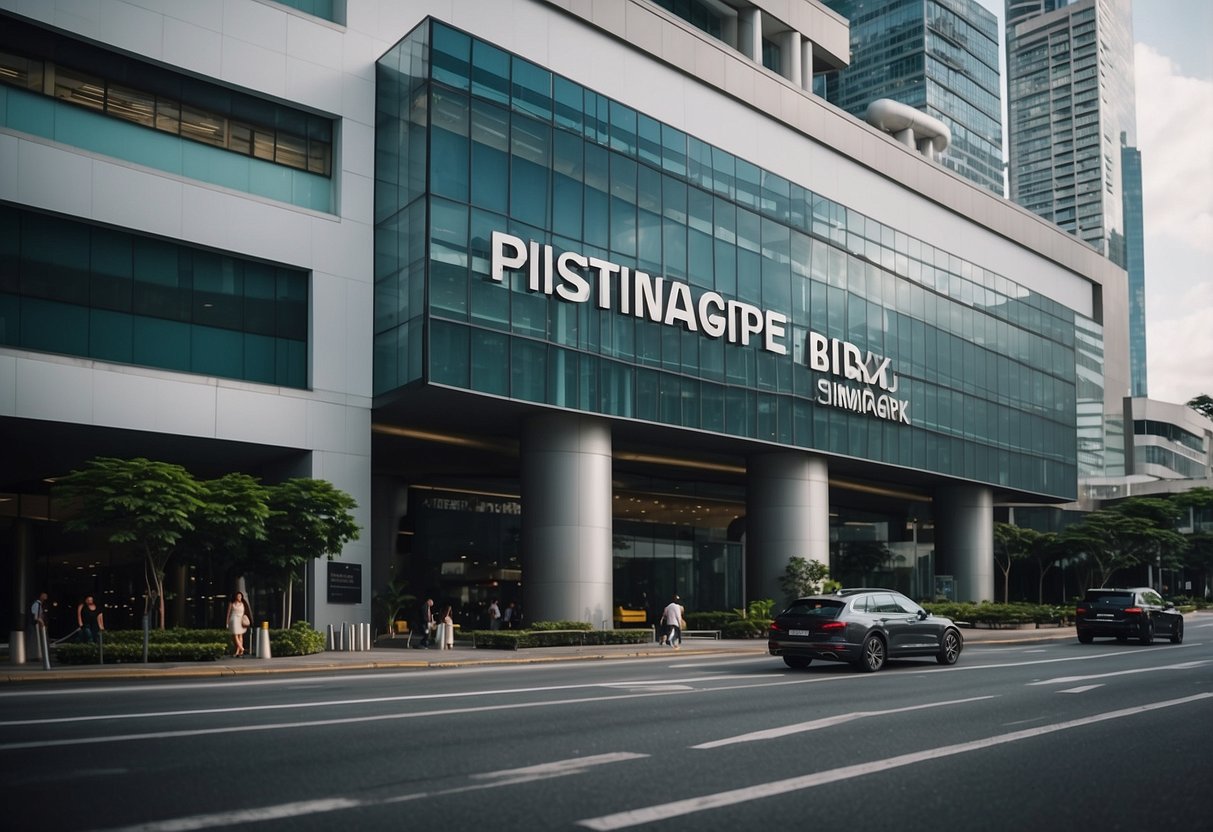 A bustling city street with a modern glass and steel building, showcasing the sign "Practical Information Brix Singapore" in bold letters