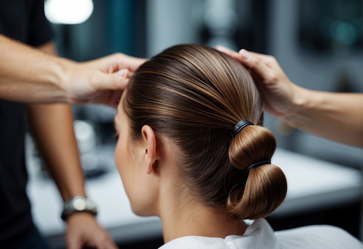 A person applying hair treatment to their scalp, with a focus on the products being used and the process of application
