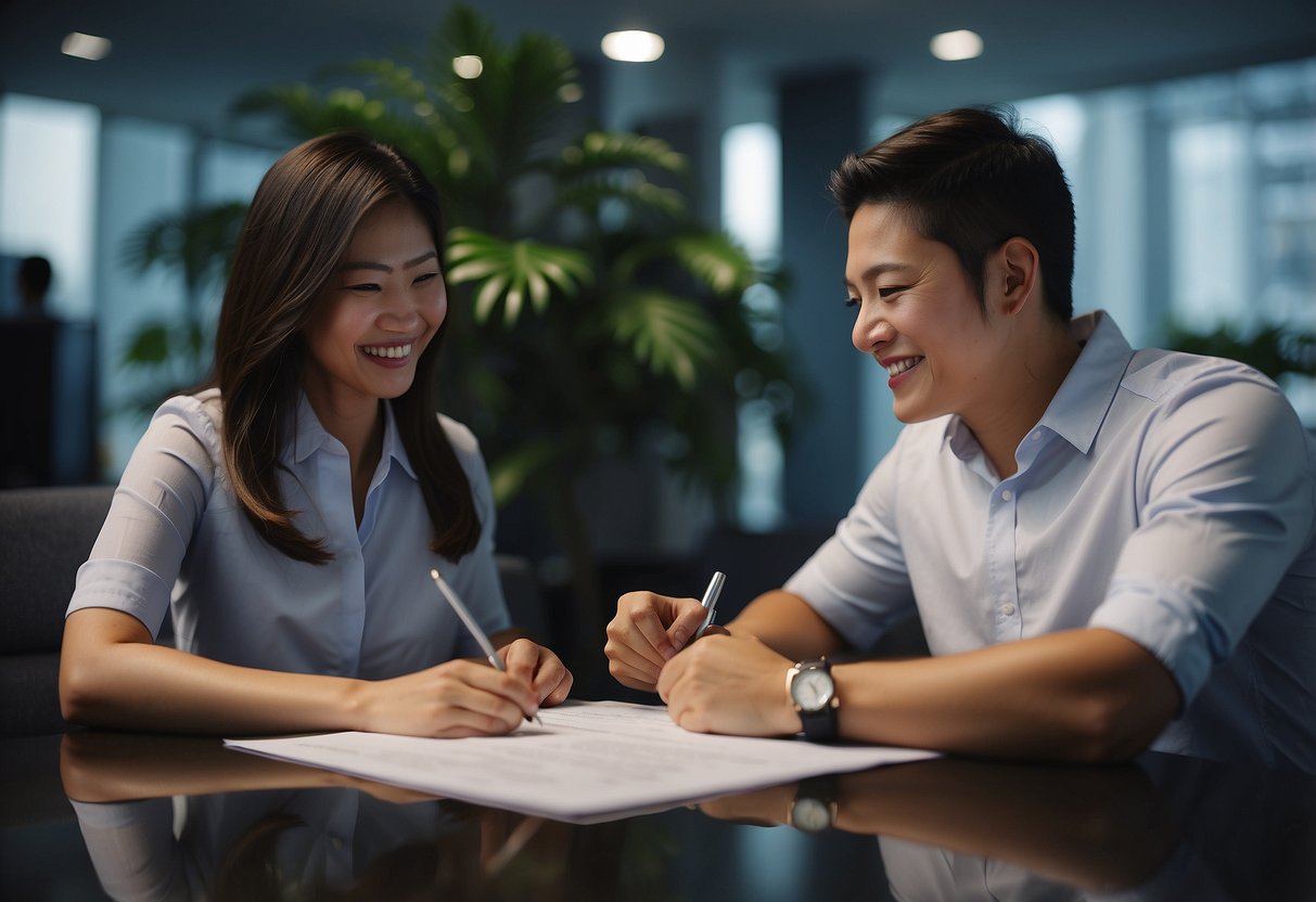 A couple signing home loan documents at a bank in Singapore