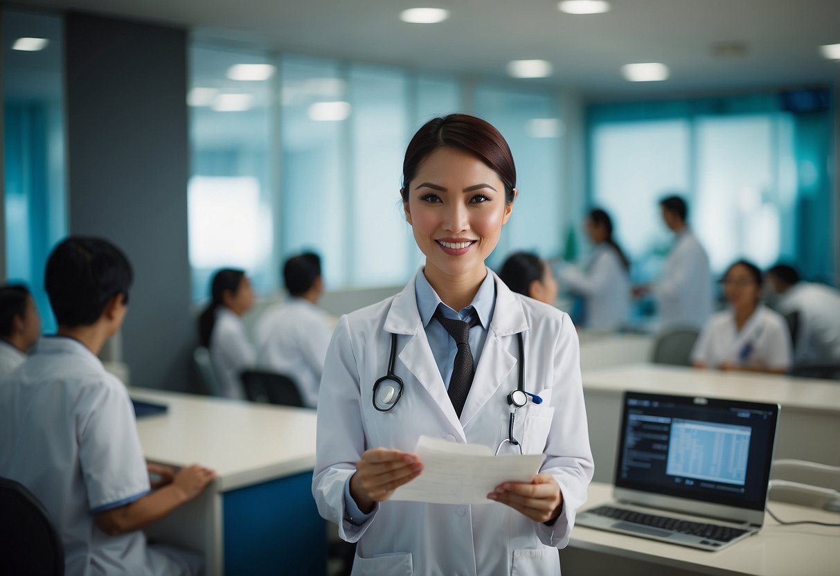 A medical professional conducting comprehensive health screenings in a modern clinic setting in Singapore