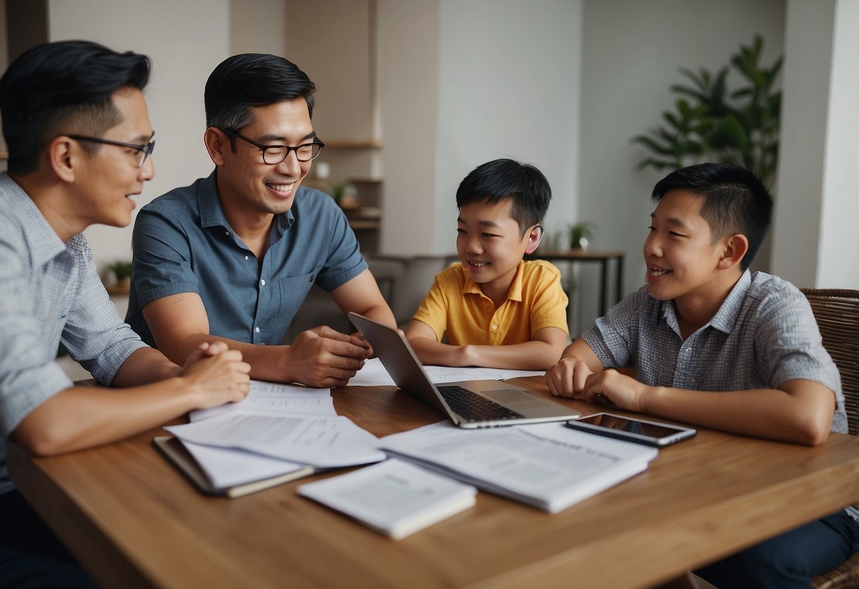 A family sits around a table, discussing home loan options in Singapore. A laptop and paperwork are spread out as they consider their financial choices