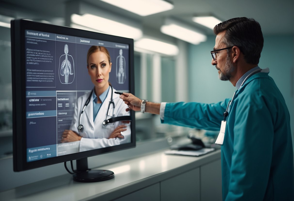 A doctor performs a health check-up on a patient in a modern clinic, with healthcare schemes and subsidies information displayed on a notice board