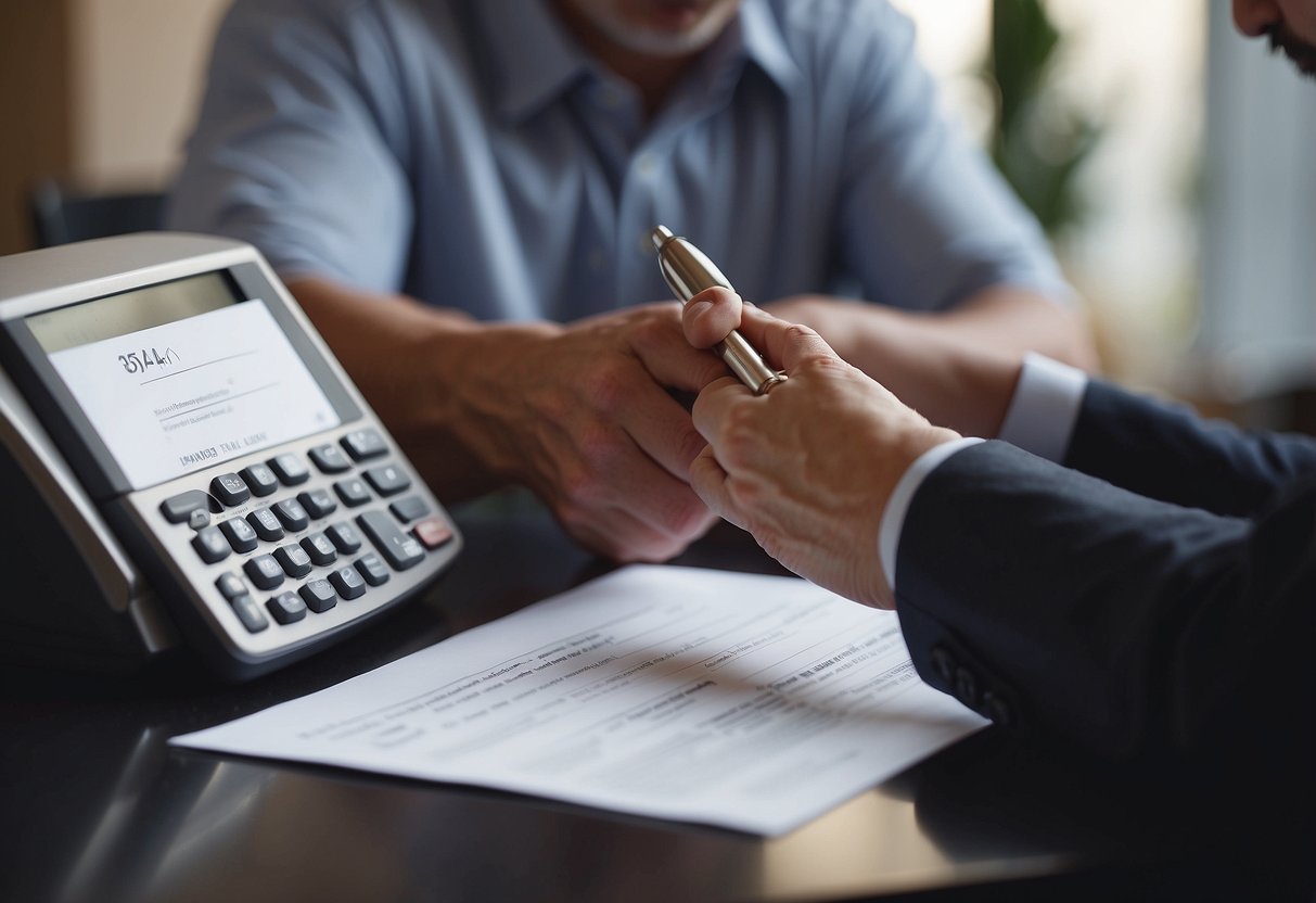 A person signs documents at a bank, while a loan officer explains terms
