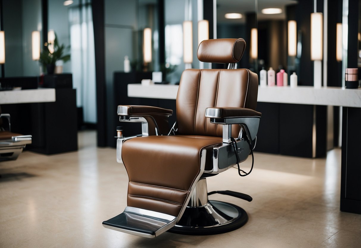 A salon chair with a hair treatment station, bottles of hair products, and a sign that reads "Frequently Asked Questions hair treatment singapore."