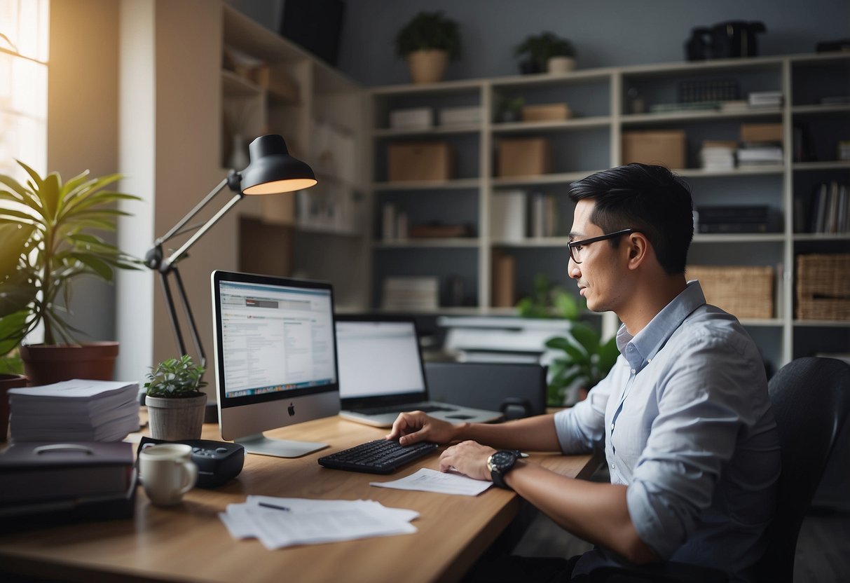 A person sitting at a desk, surrounded by paperwork and a computer, researching and comparing home loan options in Singapore