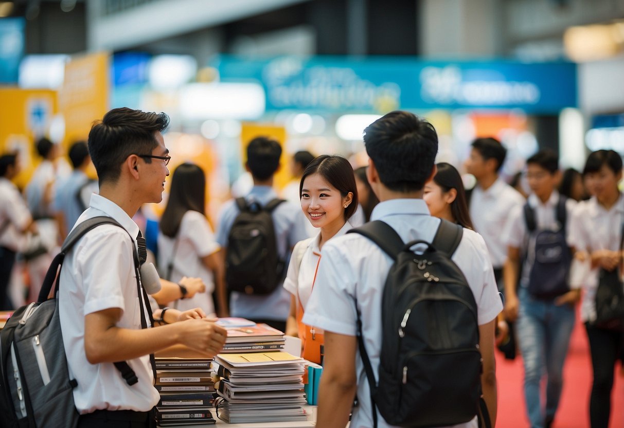 Students eagerly searching for top secondary schools in Singapore. Bright banners, excited faces, and informative booths fill the bustling school fair