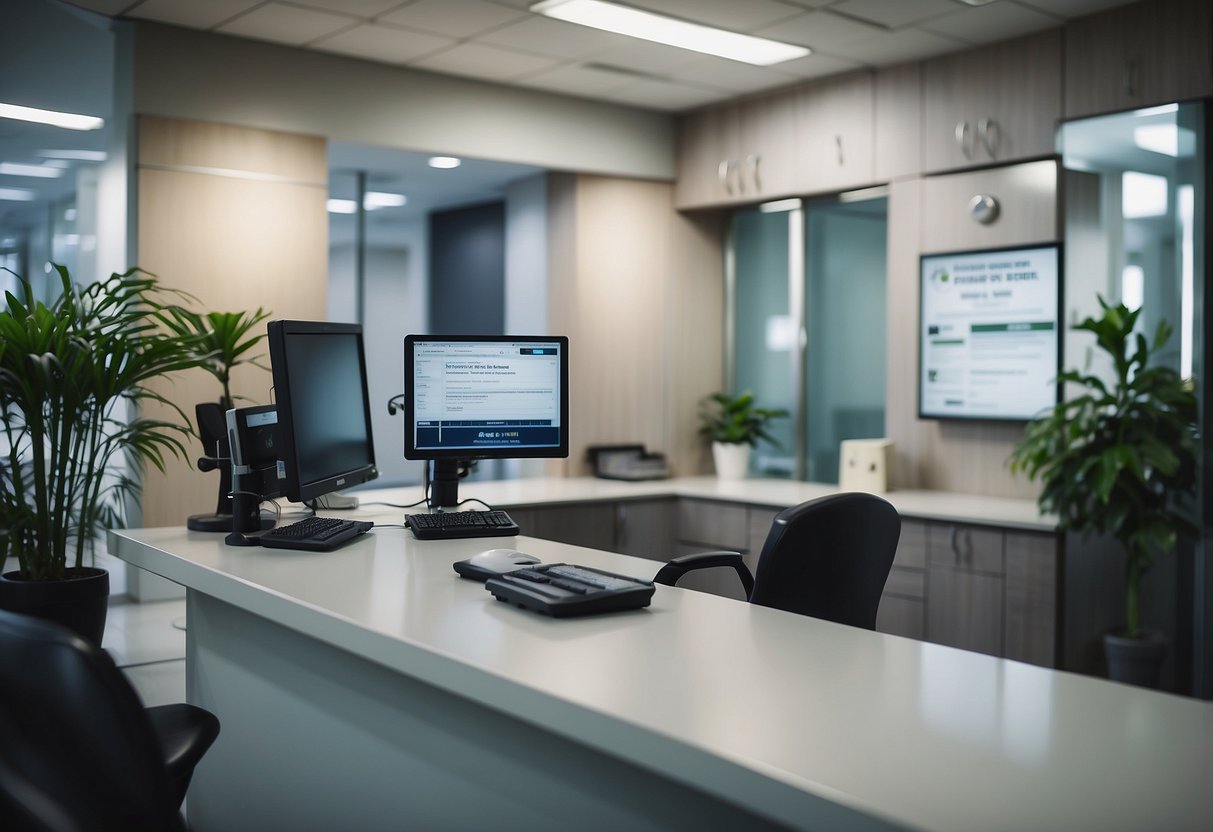 A doctor's office with a reception area, medical equipment, and signage for "Frequently Asked Questions health check up singapore."