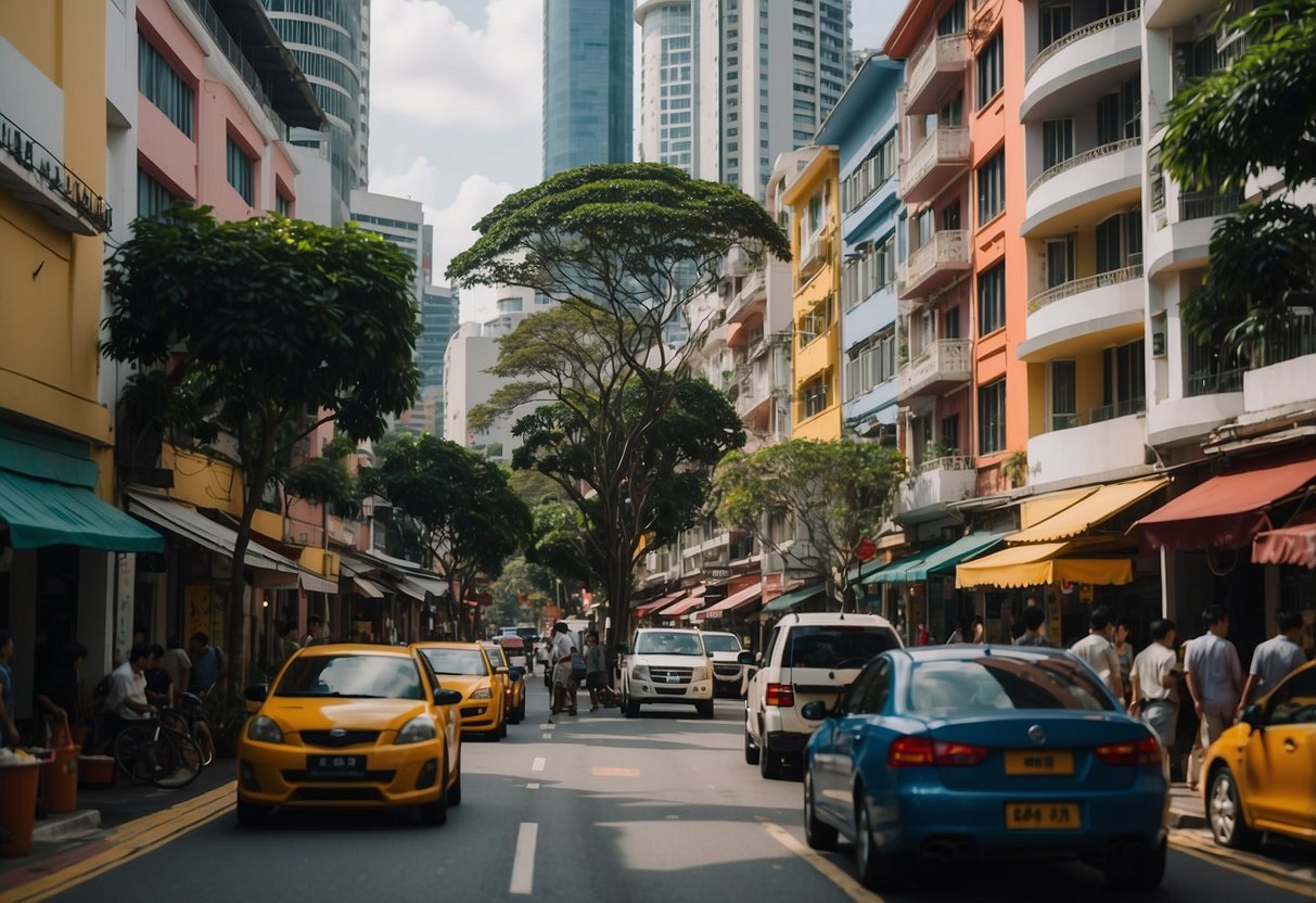 The bustling street of Cairnhill Road in Singapore, lined with colorful shophouses and bustling with activity. Tall buildings loom in the background, casting shadows over the lively scene below