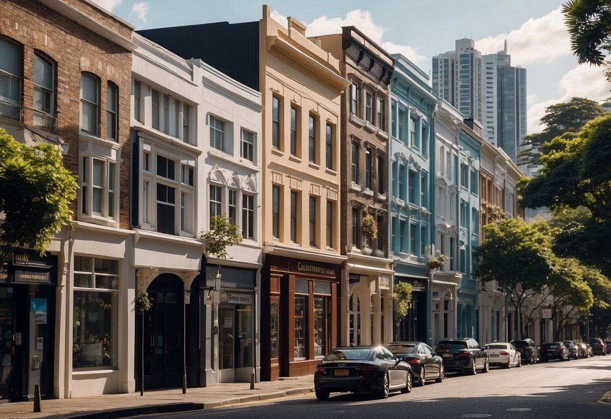 Cairnhill Road's historic shophouses contrast with modern high-rise buildings in the background, showcasing the area's blend of heritage and development