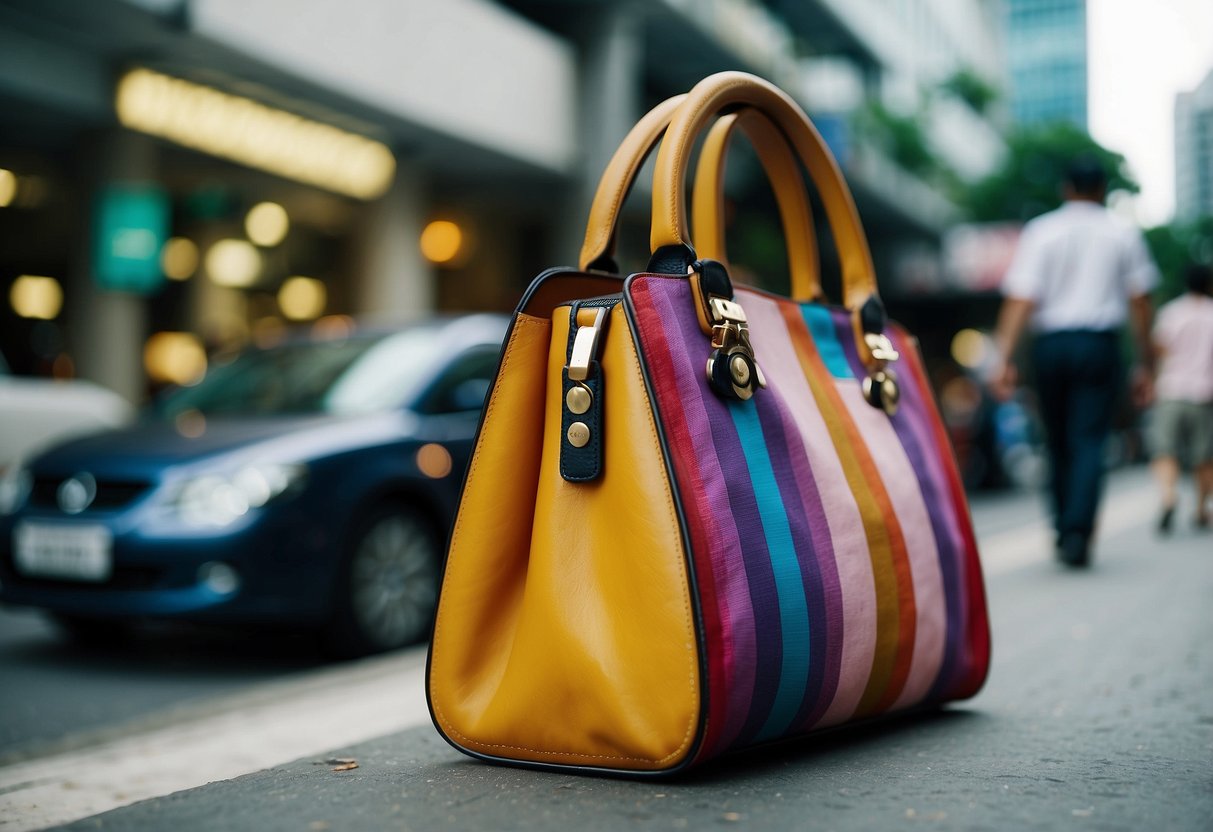 A colorful Carlyn bag sits on a bustling street in Singapore