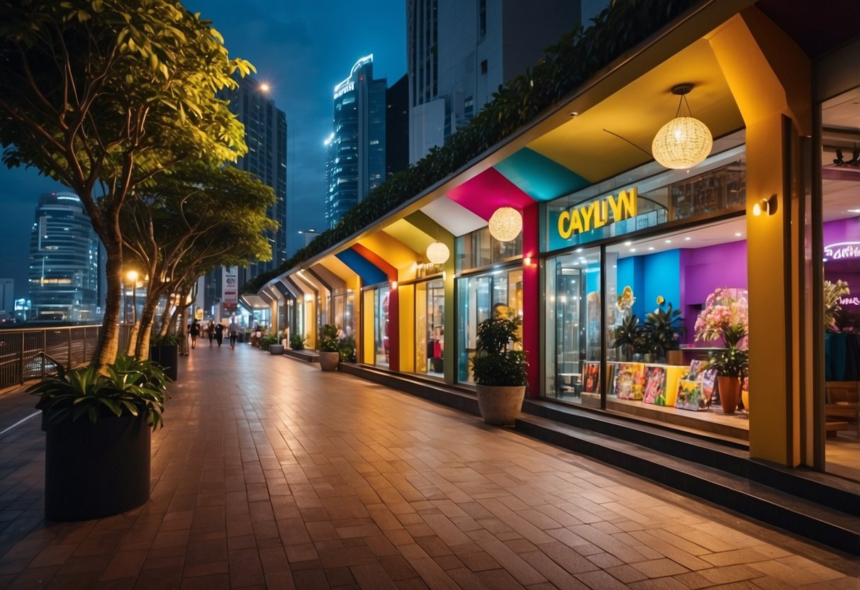 A bustling street in Singapore with colorful Carlyn Bags storefront, surrounded by vibrant city lights and bustling activity