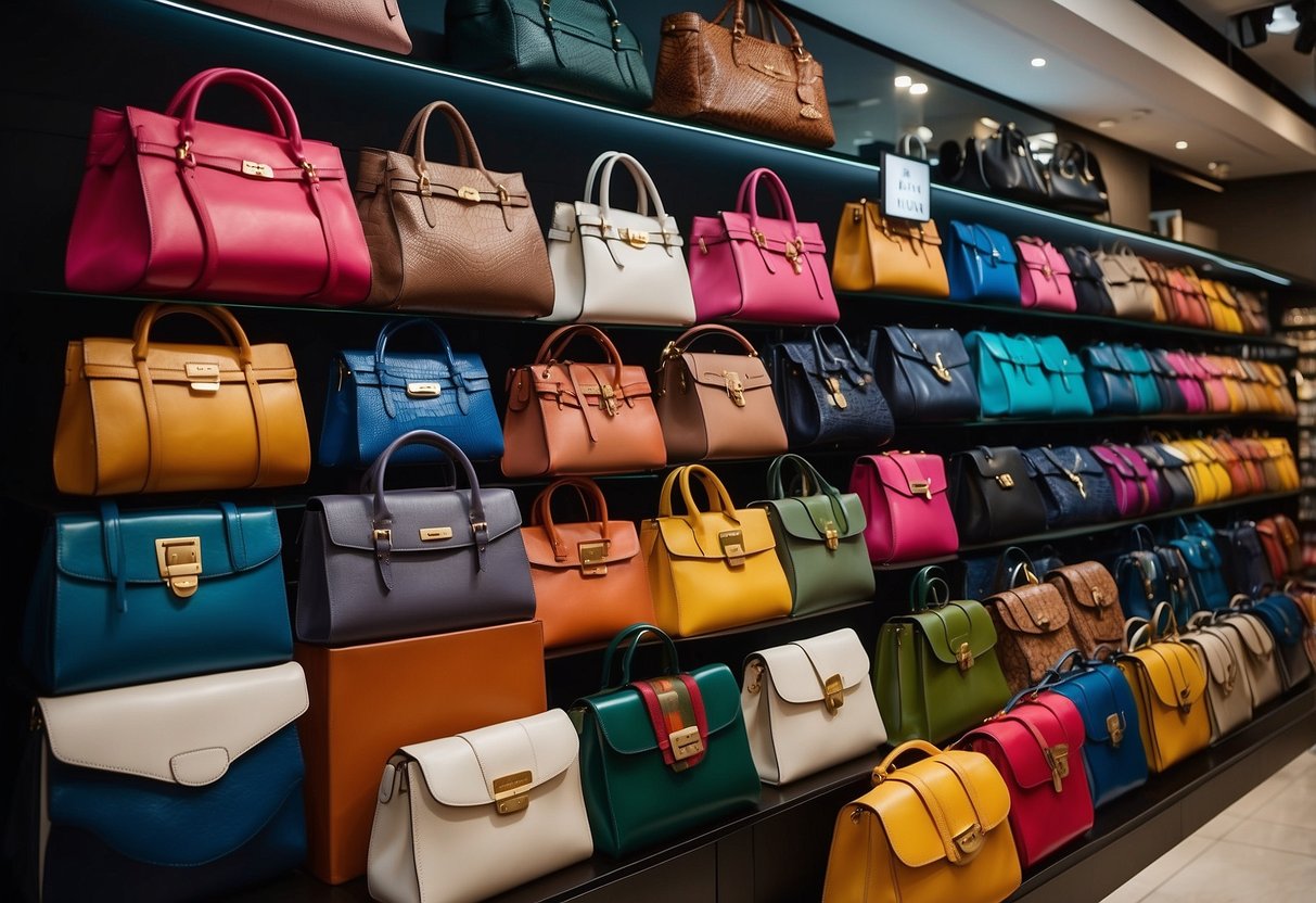 A colorful display of Carlyn Bags at a Singaporean store, with various styles and sizes showcased on shelves and mannequins