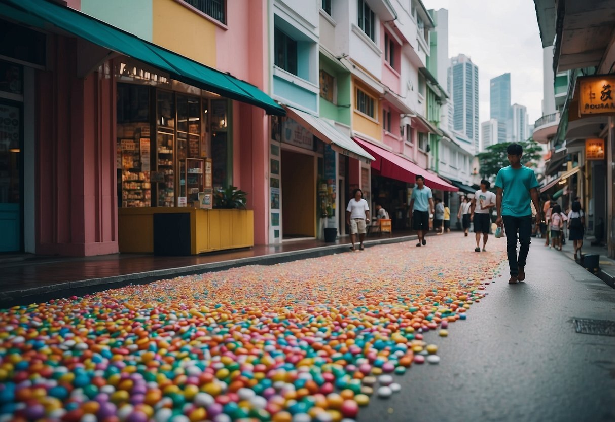 A colorful street in Singapore, with vibrant storefronts and people walking by, while discarded chewing gum litters the ground