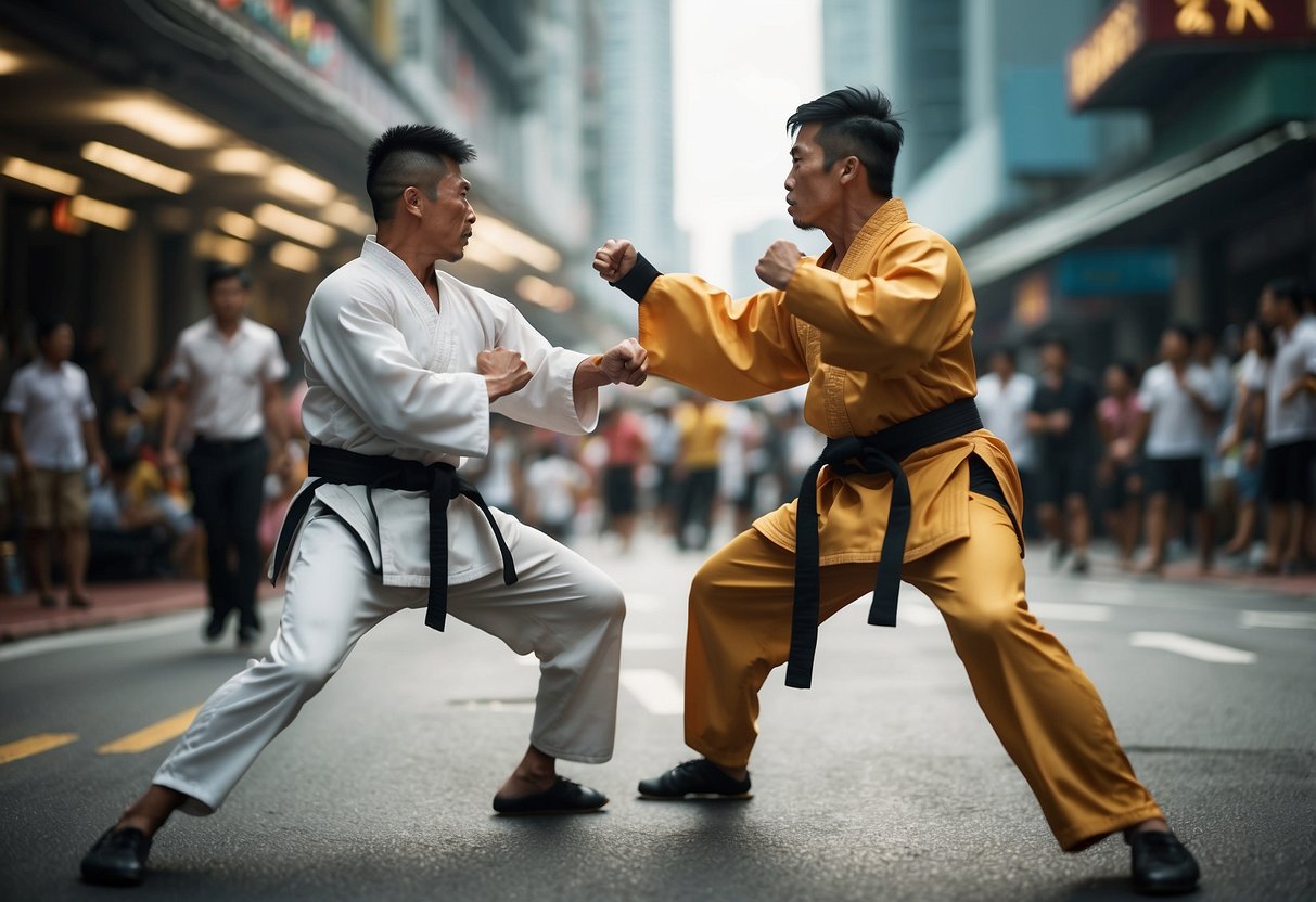 Two martial artists clash in a crowded Singapore street, their movements swift and precise. Onlookers gasp as the fighters exchange powerful strikes and evasive maneuvers