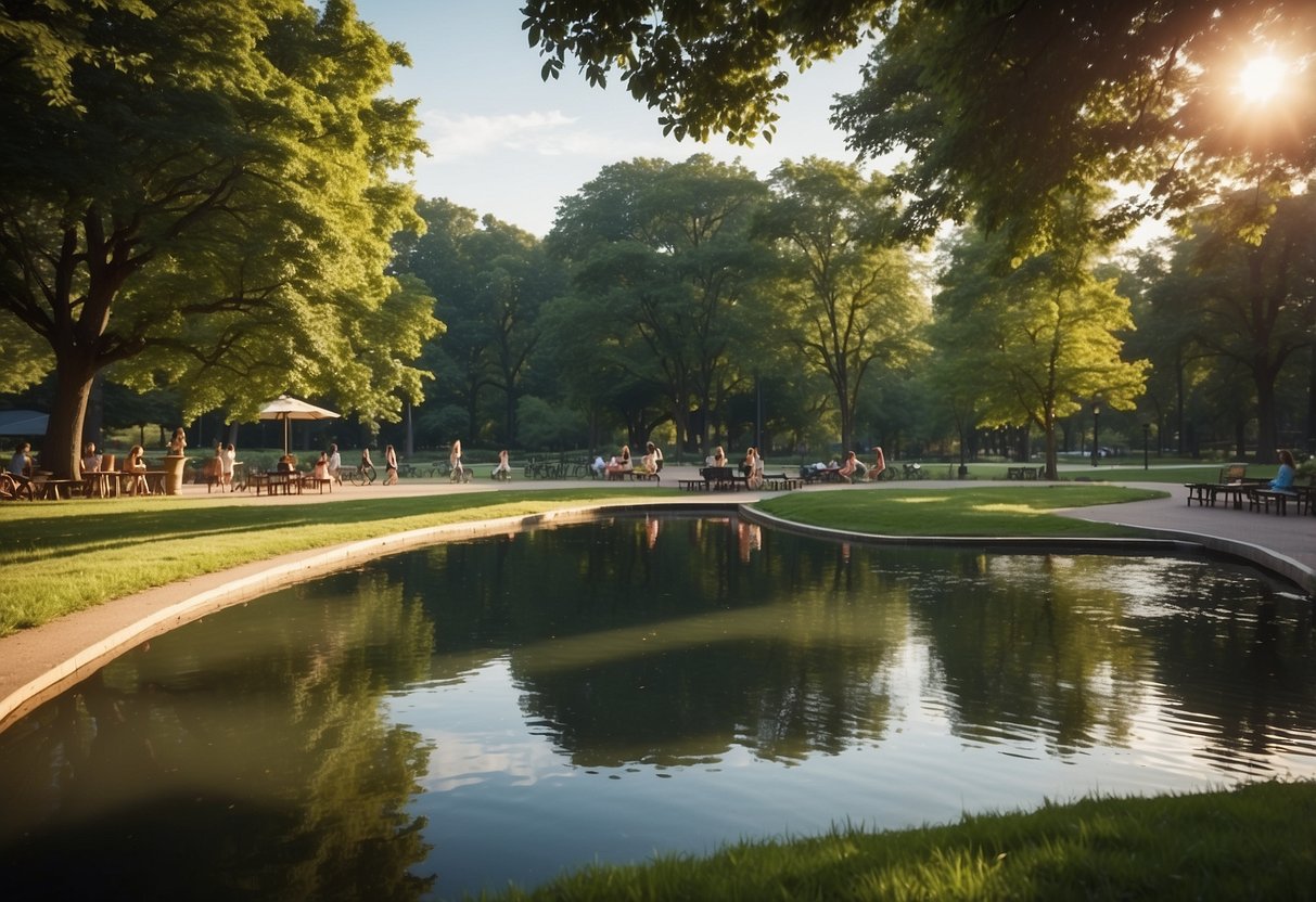 Vibrant park with lush greenery, playgrounds, and families picnicking. A serene pond reflects the surrounding trees, creating a peaceful atmosphere