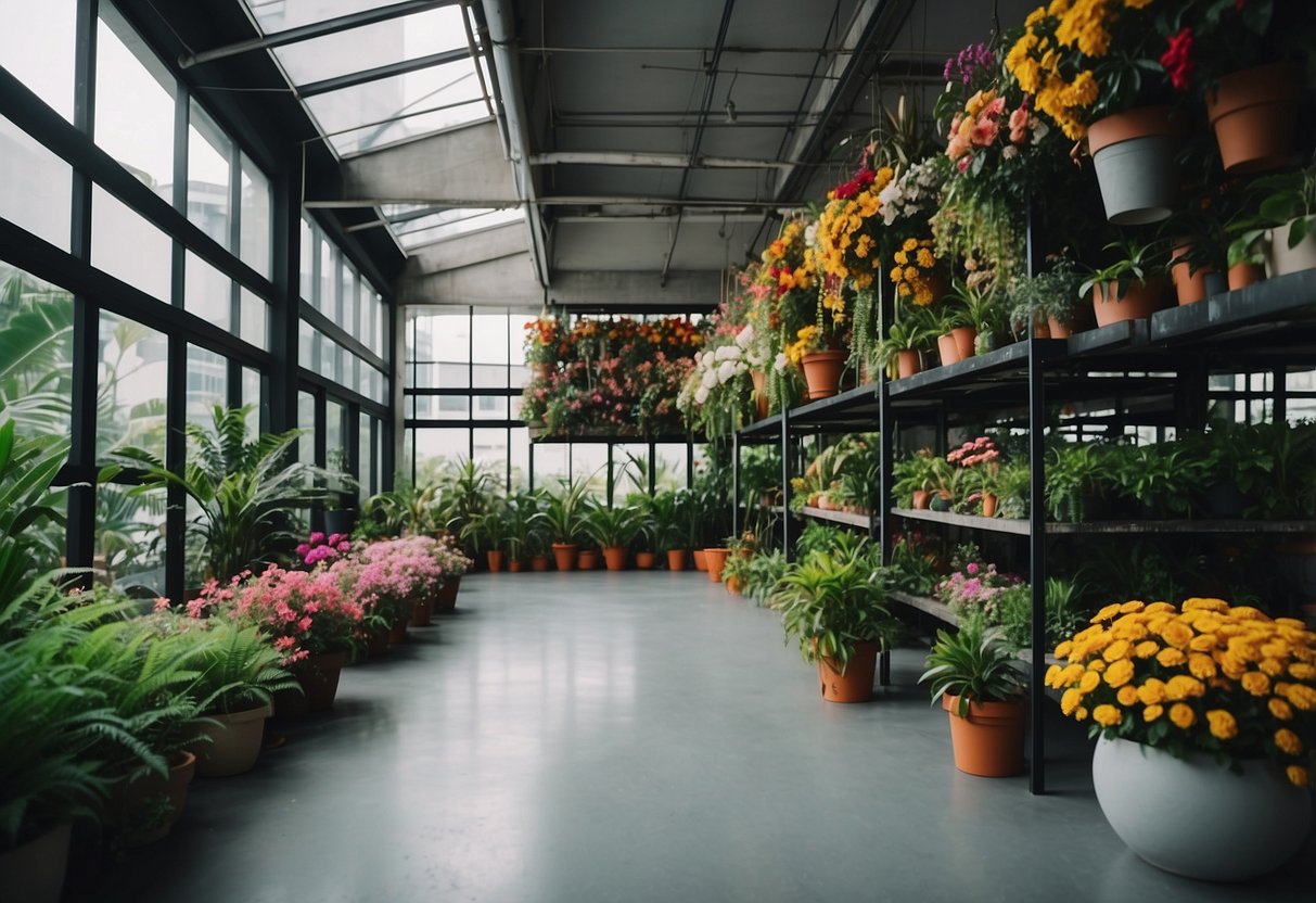 Vibrant flowers fill a modern garage in Singapore, with lush greenery hanging from the ceiling and potted plants lining the walls
