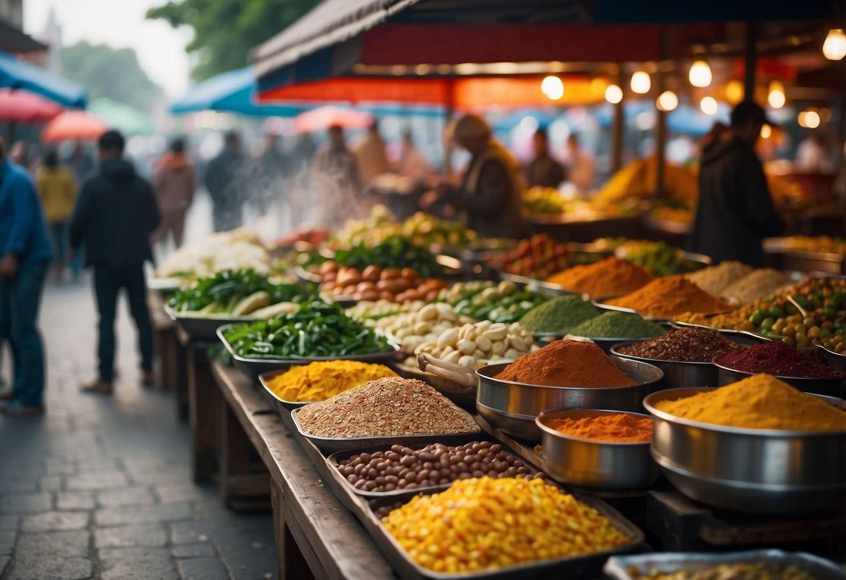 A bustling street market with colorful food stalls, showcasing a variety of culinary delights from around the world. The aroma of sizzling meats and spices fills the air as people wander, sampling the delectable offerings