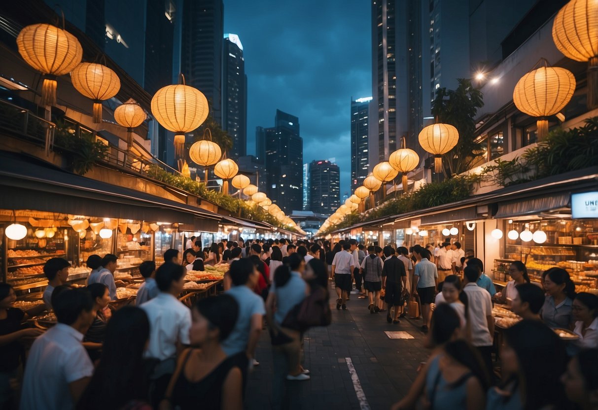 A bustling city street with neon lights, crowded with people and lined with shops and restaurants, showcasing the vibrant energy of Singapore's nightlife