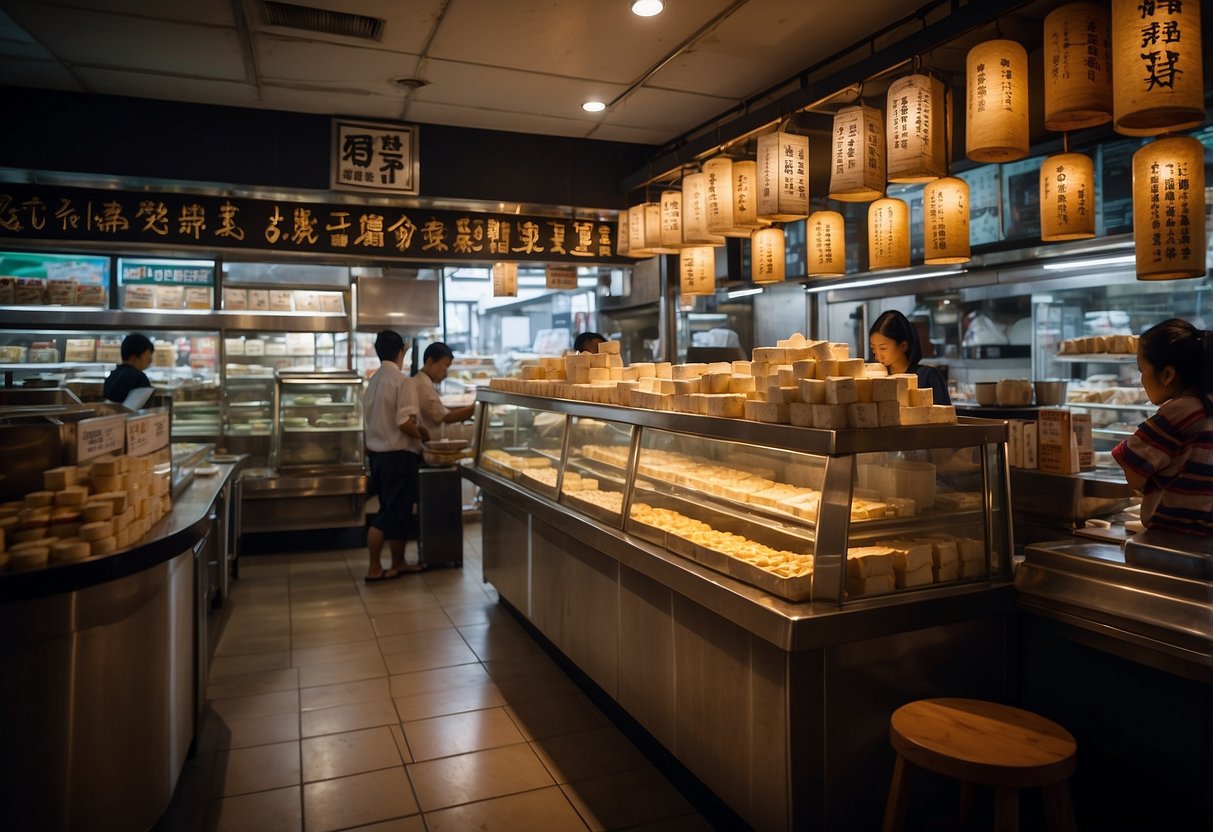 The Fujiwara tofu shop in Singapore bustles with customers as the aroma of freshly made tofu fills the air. The shop's sign proudly displays its name in bold characters, while the interior showcases stacks of neatly arranged tofu products