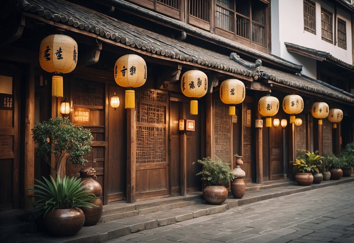 An old wooden tofu shop with traditional lanterns, sliding doors, and a rustic sign. Surrounding buildings show a mix of modern and traditional architecture