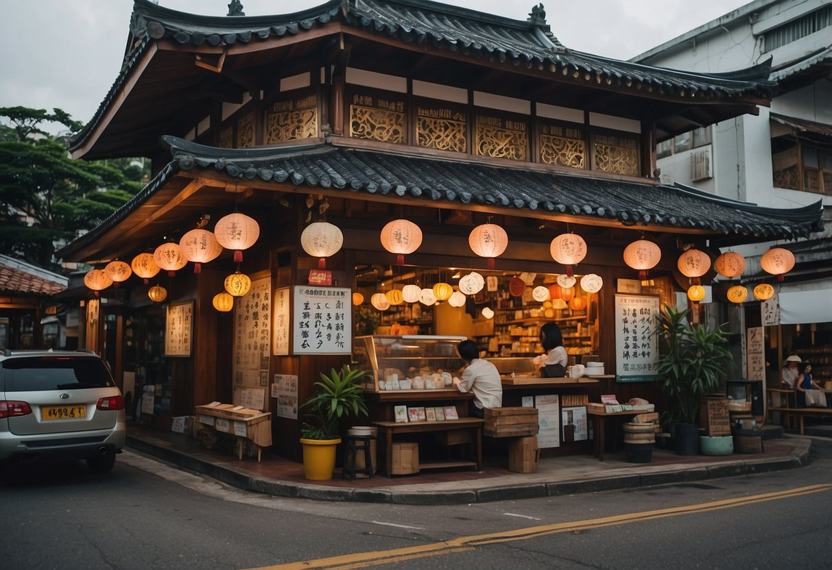 The bustling streets of Singapore surround the quaint Fujiwara Tofu Shop, with a traditional wooden facade and vibrant signage welcoming visitors