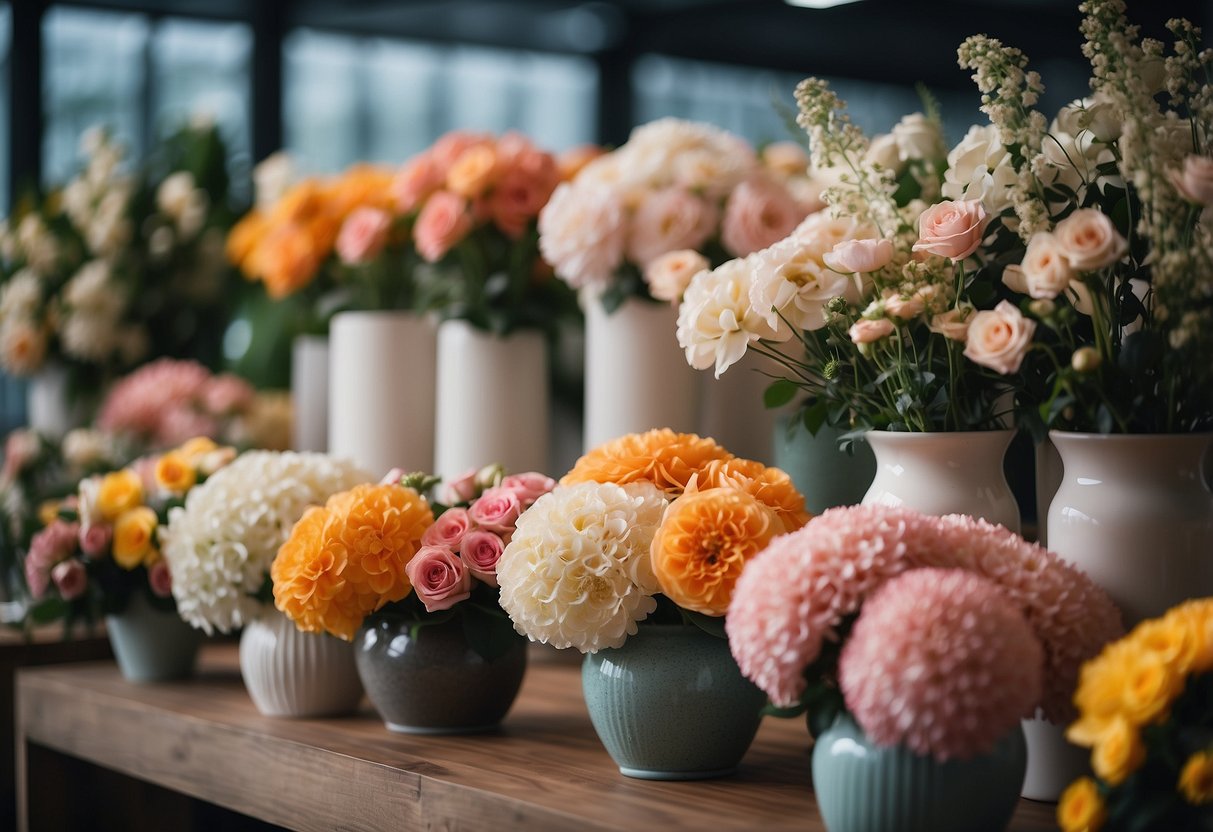A colorful array of fresh flowers arranged in vases and bouquets at a stylish and modern floral garage in Singapore