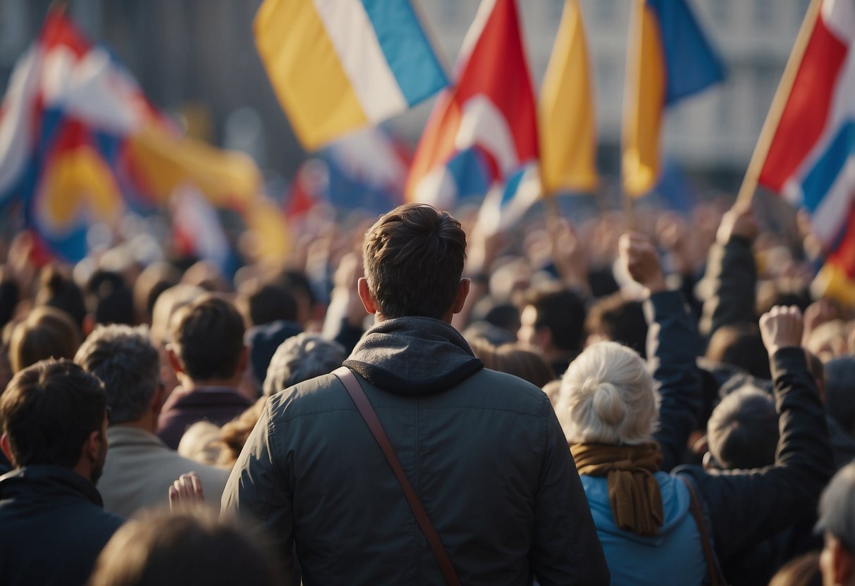 The crowd gathers in the city square, waving flags and chanting slogans. Buildings loom in the background as people unite in protest